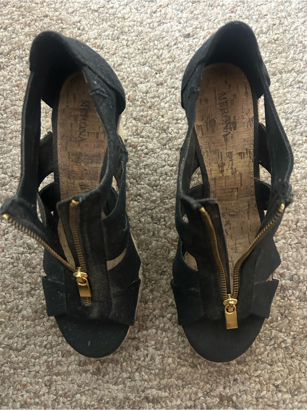 Merona Black Suede Open-Toe Heeled Sandals with Gold Front Zipper